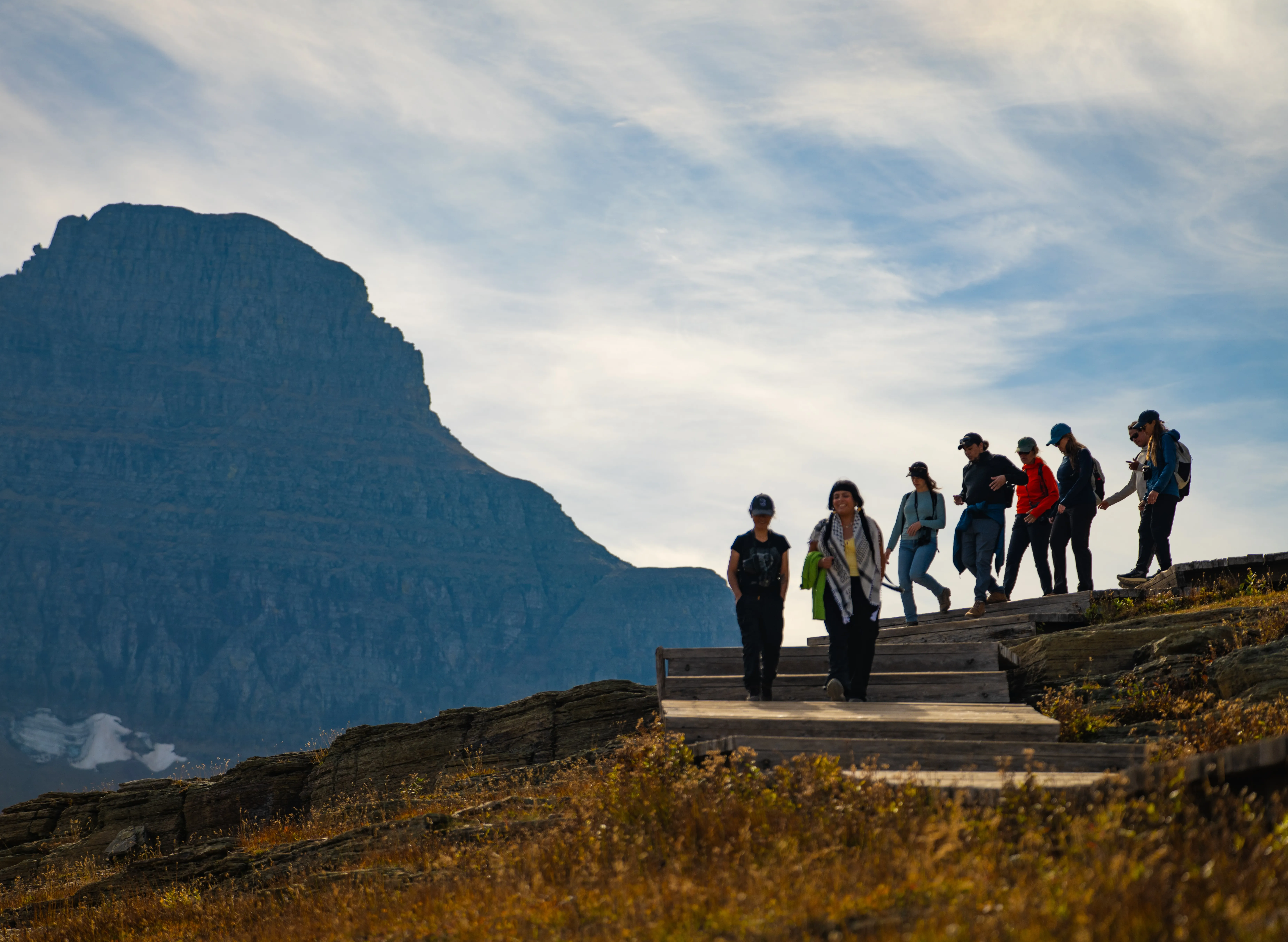 A dramatic landscape of bison-filled grasslands with a mountain range in the distance