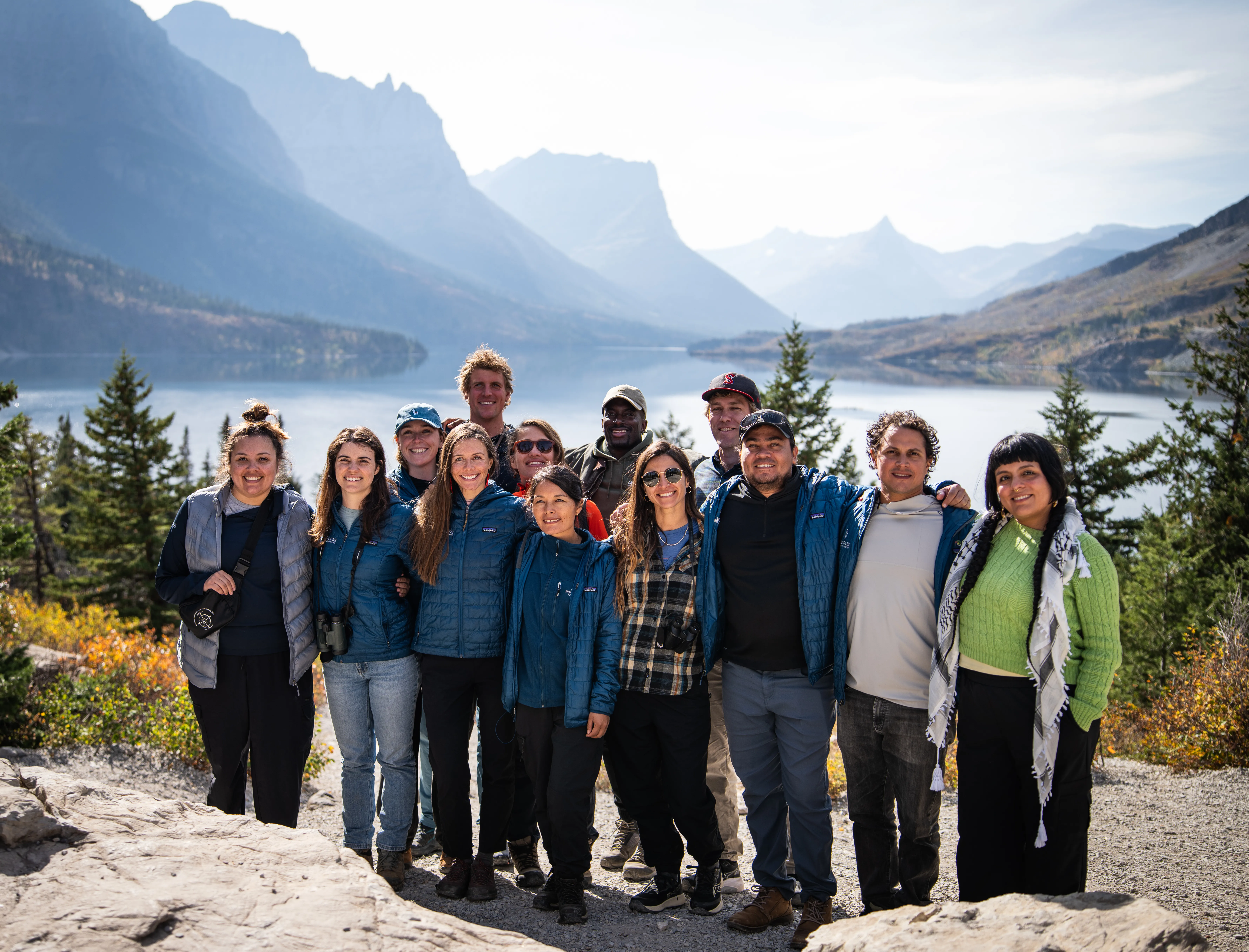 A jaguar peering at the camera from behind green plants and leaves.